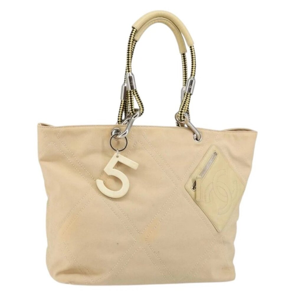 CHANEL Hand Bag Canvas Beige Silver CC Auth 147412